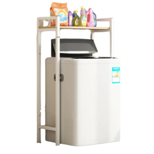 Elite Home® pevná kovová koupelnová polička s dřevěnou policí nad pračkou s horním plněním, bílá – 120 cm