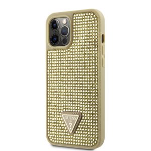 Pouzdro Guess Rhinestones Triangle Metal Logo kryt pro Apple iPhone 12 PRO MAX Gold