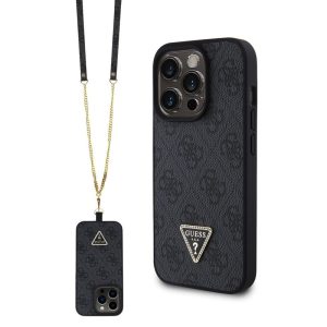 Pouzdro Guess PU 4G Strass Triangle Metal Logo + Crossbody popruh pro Apple iPhone 15 PRO Black