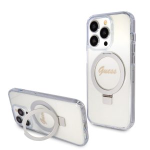 Pouzdro Guess IML Ring Stand Glitter MagSafe Apple iPhone 15 PRO Transparent