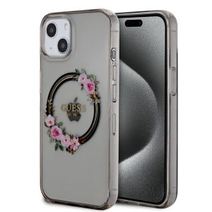 Pouzdro Guess PC/TPU Flowers Ring Glossy Logo MagSafe Apple iPhone 13 Black