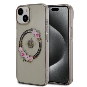 Pouzdro Guess PC/TPU Flowers Ring Glossy Logo MagSafe Apple iPhone 14 Black
