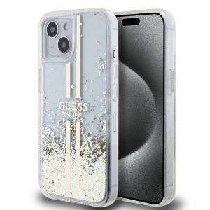 Pouzdro Guess PC/TPU Liquid Glitter Gold Stripe zadní kryt Apple iPhone 15 Transparent