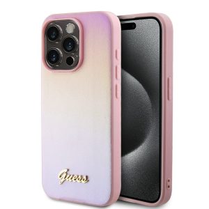 Pouzdro Guess PU Leather Iridescent Metal Script zadní kryt Apple iPhone 15 PRO MAX Pink