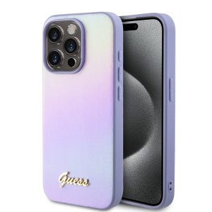 Pouzdro Guess PU Leather Iridescent Metal Script zadní kryt Apple iPhone 15 PRO Purple
