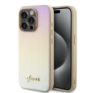 Pouzdro Guess PU Leather Iridescent Metal Script zadní kryt Apple iPhone 15 PRO Gold