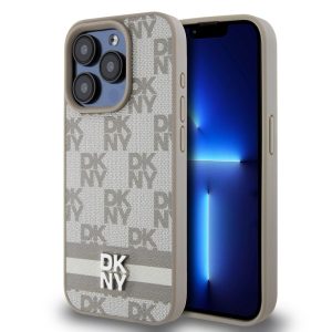 Pouzdro DKNY PU Leather Checkered Pattern and Stripe zadní kryt Apple iPhone 15 PRO Beige