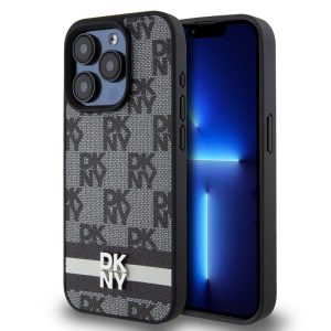 Pouzdro DKNY PU Leather Checkered Pattern and Stripe zadní kryt Apple iPhone 15 PRO Black