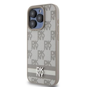 Pouzdro DKNY PU Leather Checkered Pattern and Stripe zadní kryt Apple iPhone 15 PRO MAX Beige