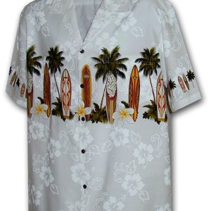 Pacific Legend Bílá havajská košile s motivem palem a surfování Velikost: XL