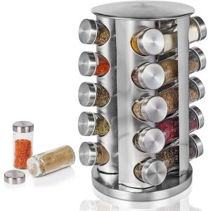 20 dílná sada skleněných stojanů na kořenky s otočným kovovým stojanem z inoxu