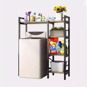 Elite Home® 4patrová pevná kovová koupelnová polička s dřevěnými policemi nad pračku s horním plněním, černá – 134 cm