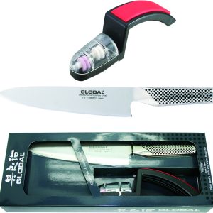 Global Sada japonského šéfkuchařského nože G-2 a ostřiče nožů minoSHARP 220/BR