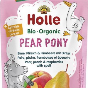Holle Pear Pony Bio ovocné pyré hruška broskev, maliny a špalda 100 g