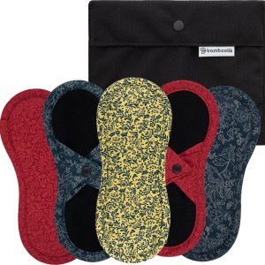 Bamboolik Slipová vložka látková | satén & biobavlna | na patentek, Sada 5 ks – 2x tmavě modrá, 2x červená, 1x žlutá + Pytlík mini Černý 6 ks