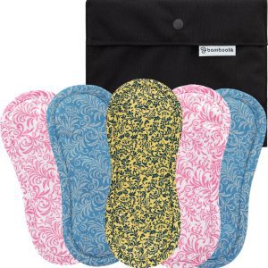Bamboolik Slipová vložka látková | satén & biobavlna | na patentek, Sada 5 ks – 2x světle modrá, 2x růžová, 1x žlutá + Pytlík mini Černý 6 ks
