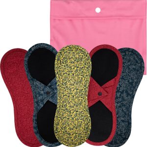 Bamboolik Denní vložka látková | satén & biobavlna | na patentek, Sada 5 ks – 2x tmavě modrá, 2x červená, 1x žlutá + Pytlík XS Růžový 6 ks