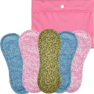 Bamboolik Denní vložka látková | satén & biobavlna | na patentek, Sada 5 ks – 2x světle modrá, 2x růžová, 1x žlutá + Pytlík XS Růžový 6 ks