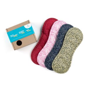 Bamboolik Denní vložka látková | satén & biobavlna | na patentek, Sada 4 ks v dárkové krabičce – červená, žlutá, tmavě modrá, růžová 4 ks