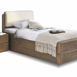 Postel s úložným prostorem a roštem Atlantik, 90×200, masiv dub tmavený – krémová ekokůže