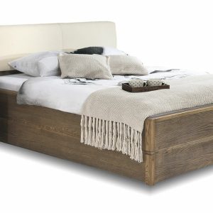 Postel s úložným prostorem a roštem Atlantik, masiv dub tmavený – krémová ekokůže