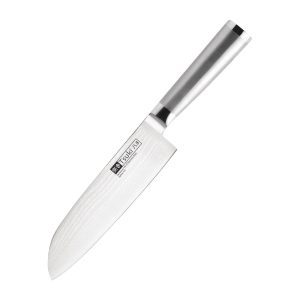 Tsuki nůž z damaškové oceli Santoku 18 cm – kovová rukojeť