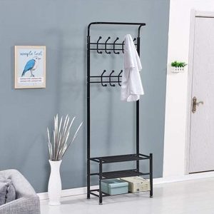 Kovový předsíňový věšák, stojan na oblečení s 3-úrovňovým úložným prostorem na boty 185x80x30 cm – černý