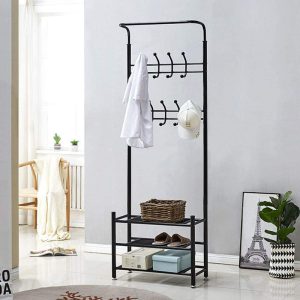 Kovový věšák do předsíně se 3 patry na boty 185x80x30 cm – černý