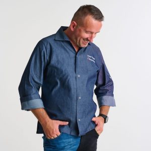 Kuchařský rondon EGOchef VIP s košilovým střihem UNISEX – jeans – dlouhý rukáv XXL
