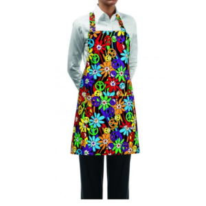 Kuchařská zástěra EGOchef DÁMSKÁ ke krku s kapsou – Peace and Love 70×70 cm