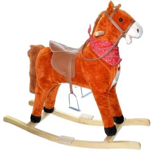 Hudební, interaktivní plyšové houpací zvířátko, houpací houpačka s opěrkou nohou, rezavě hnědá barva, velká