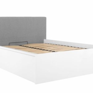 Postel dvoulůžko s úložným prostorem a roštem TETRIS 140×200,  bílá lesk – šedé celočalouněné čelo