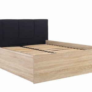 Postel dvoulůžko s úložným prostorem a roštem TETRIS 140×200, dub sonoma – černé celočalouněné čelo