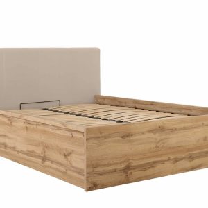Postel dvoulůžko s úložným prostorem a roštem TETRIS 140×200, dub wotan – béžové celočalouněné čelo