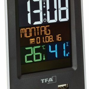 Budík s ukazatelem vnitřní teploty a vlhkosti s USB výstupem pro dobíjení mobilních zařízení TFA 60.2537.01
