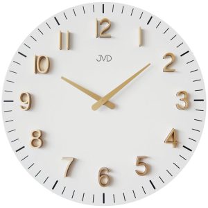 JVD HC404.1 – bílé hodiny se zlatými číslicemi a ručičkami