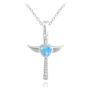MINET Stříbrný náhrdelník ANDĚLSKÝ KŘÍŽEK s modrým opálovým srdíčkem