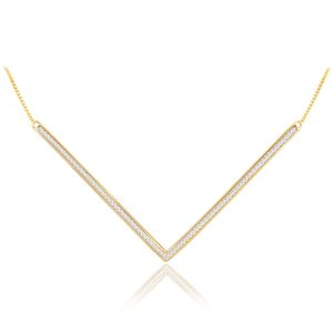 MINET Pozlacený stylový stříbrný náhrdelník „V“ s bílými zirkony