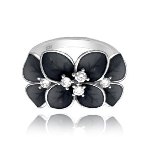 MINET Černý rozkvetlý stříbrný prsten FLOWERS s bílými zirkony vel. 49
