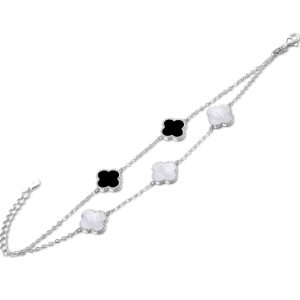 MINET Stříbrný náramek čtyřlístky s bílou perletí a onyxem