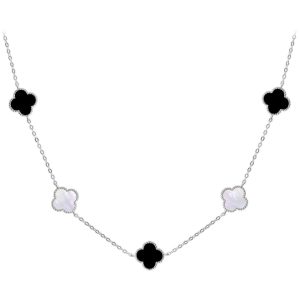 MINET Stříbrný náhrdelník čtyřlístky s bílou perletí a onyxem Ag 925/1000 12,80g
