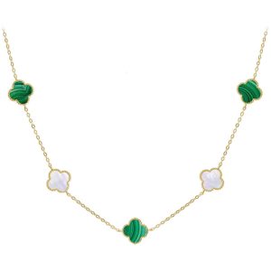 MINET Pozlacený stříbrný náhrdelník ČTYŘLÍSTKY s bílou perletí a malachitem Ag 925/1000 12,45g