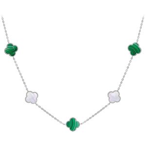 MINET Stříbrný náhrdelník ČTYŘLÍSTKY s bílou perletí a malachitem Ag 925/1000 12,50g