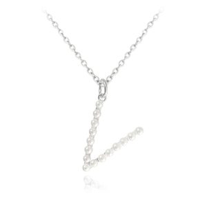 MINET Stříbrný náhrdelník písmeno „V“ s perličkami