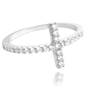 MINET Stříbrný prsten KŘÍŽEK s bílými zirkony vel. 50
