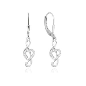 MINET Stříbrné náušnice HOUSLOVÝ KLÍČ s bílými zirkony