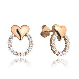 MINET Rose gold stříbrné náušnice se srdíčky LOVE s bílými zirkony