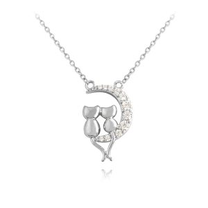 MINET Stříbrný náhrdelník KOČKY na bílém měsíci