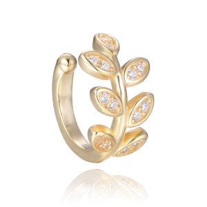 MINET Pozlacená stříbrná záušnice se zirkony a lístky EAR CUFF
