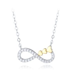 MINET Stříbrný náhrdelník nekonečno s pozlacenými srdíčky a bílými zirkony